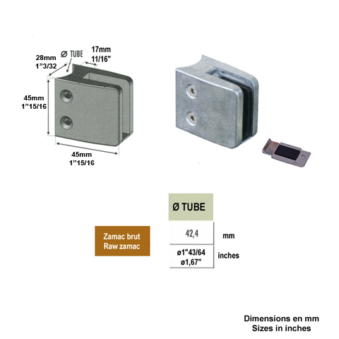Pince  verre carre 45mm en zamac brut pour tube 42,4mm Pince  verre en Zamac Pinces  verre