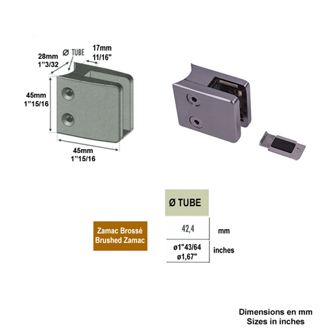Pince  verre carre 45mm en zamac bross pour tube rond 42,4mm Pince  verre en Zamac Pinces 