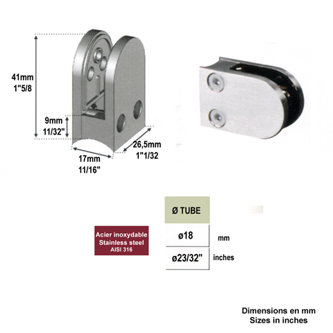 Pince  verre ronde 41mm en inox 316 pour rond 18mm Pince  verre en  INOX316 Pinces  verres 