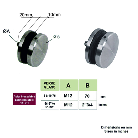 Pince  verre entretoise 70mm en inox 316 Entretoise verre 8  12,76mm Pinces  verres entreto