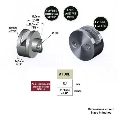 Pince  verre ronde 60mm en inox 316 pour poteau 42,4mm Pince pour 1 verre Pinces  verres en