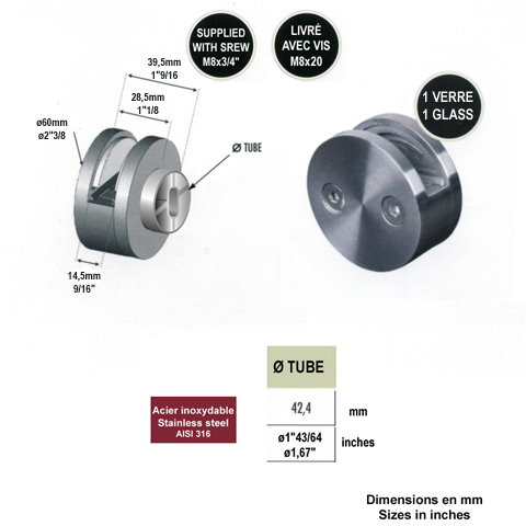 Pince  verre ronde 60mm en inox 316 pour plat ou poteau carr Pince pour 1 verre Pinces  ver