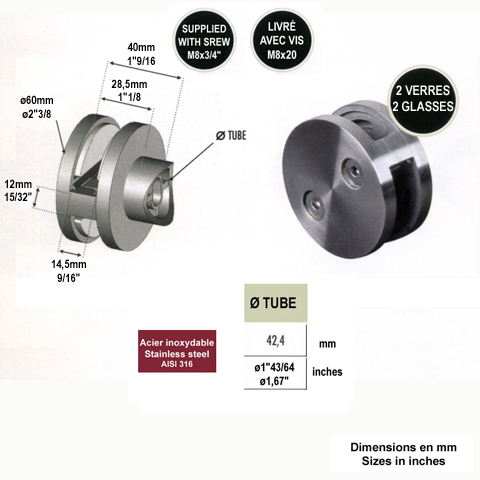 Pince  verre ronde 60mm en inox 316 pour poteau 42,4mm Pince pour 2 verres Pinces  verres e