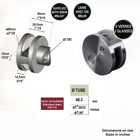 Pince  verre ronde 60mm en inox 316 pour poteau 48,3mm Pince pour 2 verres Pinces  verres e
