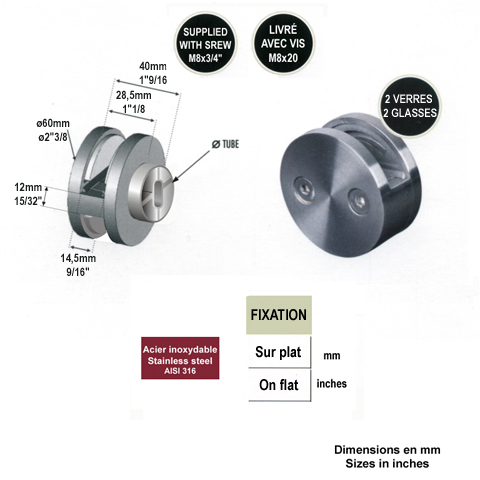 Pince  verre ronde 60mm en inox 316 pour plat ou poteau carr Pince pour 2 verres Pinces  ve