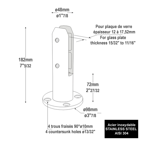 Pince  verre fixation sol en inox 304 pour verre 12  17,52mm Spigot Pinces au sol de garde co