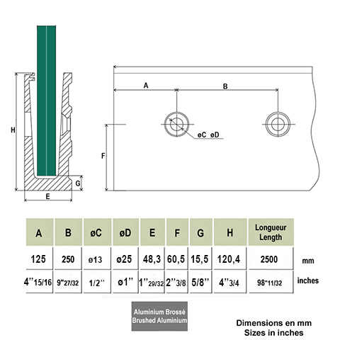 Profil aluminium pour garde coprs fixation  l`anglaise verre 12,76mm Pices pour fixation  l`