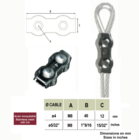 Bloque cble acier inoxydable 316 4mm Bloque cble pour cble inox Cbles inox316 et anneaux