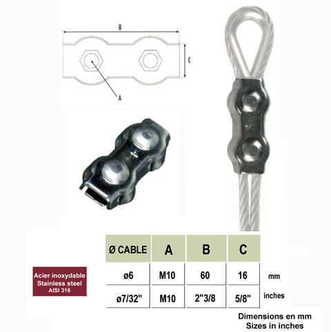 Bloque cble acier inoxydable 316 6mm Bloque cble pour cble inox Cbles inox316 et anneaux