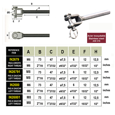 Chape standard filete M6 ou M8 pas  droite ou gauche pour tendeur de cble Chape et platine p