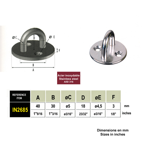 Platine base ronde avec anneau inox 316 Chape et platine pour tendeur cable  inox Tendeur manue