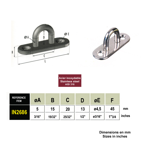 Platine base ovale avec anneau inox 316 Chape et platine pour tendeur cable  inox Tendeur manue