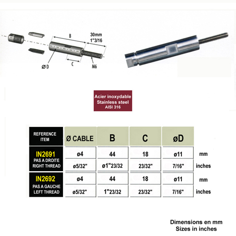 Fixation inox  visser pas  droite ou gauche pour cble 4mm Fixation manuelle pour cable  ino