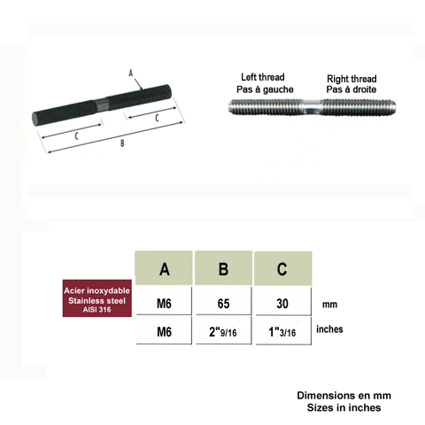 Tige filete inox 316 M6 pas  droite et pas  gauche Tige filete mixte droite-gauche Visserie