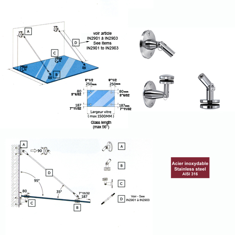 Accessoires Inox Support inox de marquise en verre