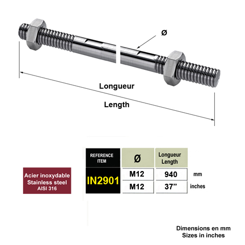 Axe 12mm longueur 940mm inox 316 pour marquise en verre Axes 12mm inox pour marquise Marquise