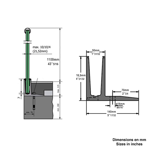 Profil en U aluminium pour garde corps fixation au sol dcale Fixation au sol dcale Profils