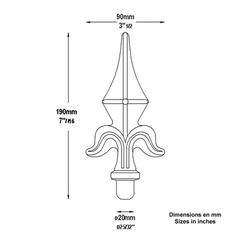 Fer de lance - Pointe de lance 190mm diametre 20mm forme de lys estampe acier Fleur de Lys Poi