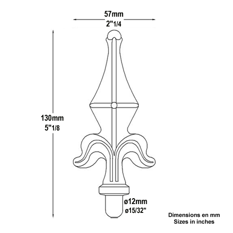 fer de lance - Pointe de lance 130mm diamtre 16mm en forme de fleur de lys estampe acier avec