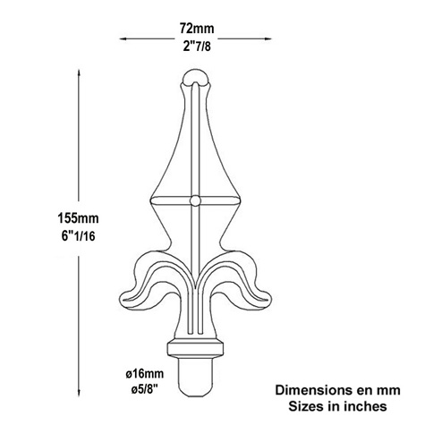 Fer de lance-Pointe de lance 155mm diamtre 16mm  fleur de lys estampe Fleur de Lys Pointe de 