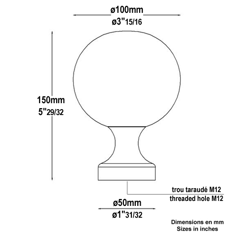 Boule escalier laiton poli H150mm Pommeau laiton Boule et pommeau