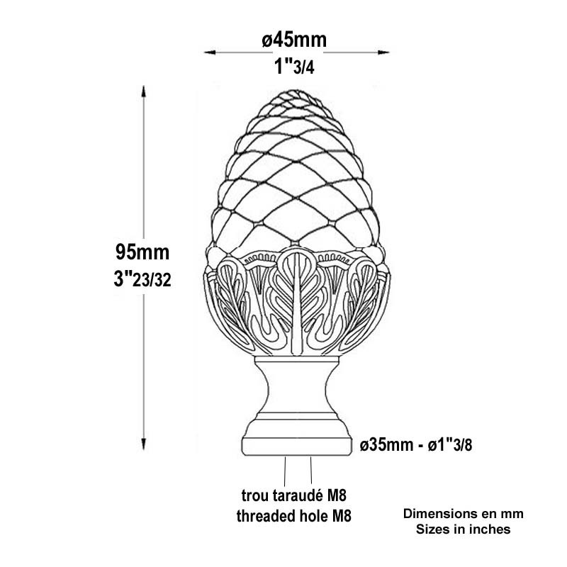 Pomme pin laiton poli H95mm Pommeau laiton Boule et pommeau