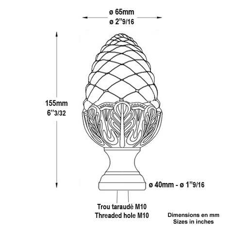 Pomme pin laiton poli H155mm Pommeau laiton Boule et pommeau