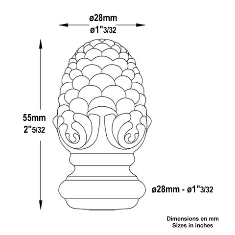 Pomme de pin forge H55mm Pommeau acier Boule et pommeau