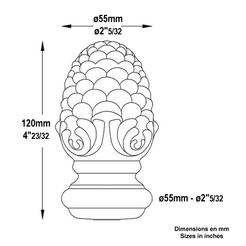 Pomme de pin forge H120mm Pommeau acier Boule et pommeau