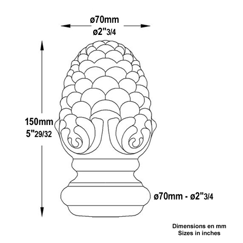 Pomme de pin forge H150mm Pommeau acier Boule et pommeau