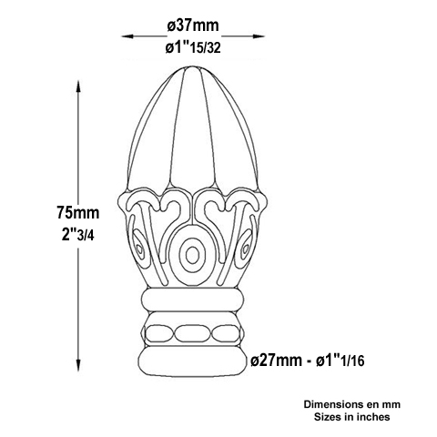 Pomme de pin forge H75mm Pommeau acier Boule et pommeau