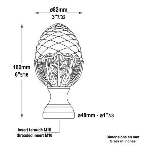 Pommeau pigne fonte H160mm Pommeau fonte Boule et pommeau