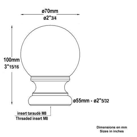 Boule escalier alu H100mm Pommeau aluminium Boule et pommeau