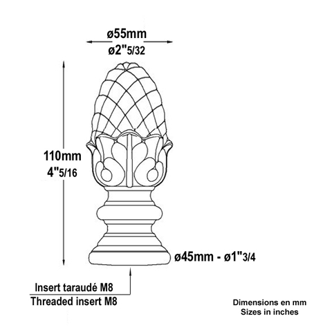 Pommeau aluminium H110mm Pommeau aluminium Boule et pommeau