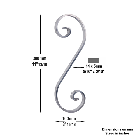 Volute alu en S H300mm 14x5mm Aluminium extr patte d`oie Volute