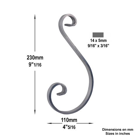 Volute alu en S H230mm 14x5mm Aluminium extr patte d`oie Volute