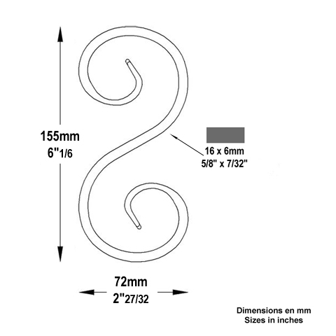 Volute forge en S H155 16x6 Volute extr patte d`oie Volute