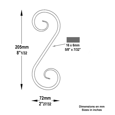 Volute forge en S H205 16x6 Volute extr patte d`oie Volute