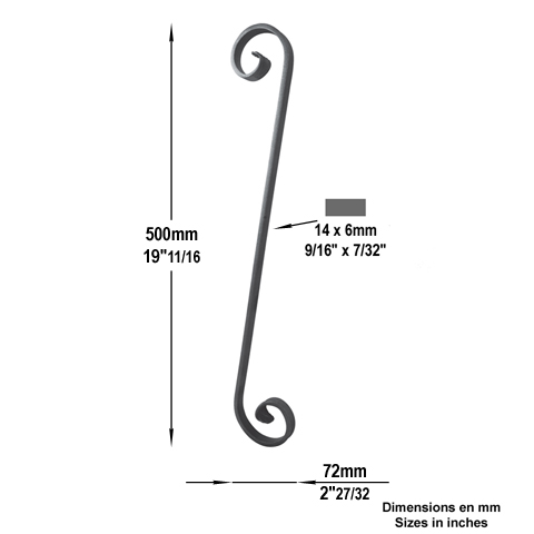 Volute forge en S H500mm 14x6mm Volute extr patte d`oie Volute