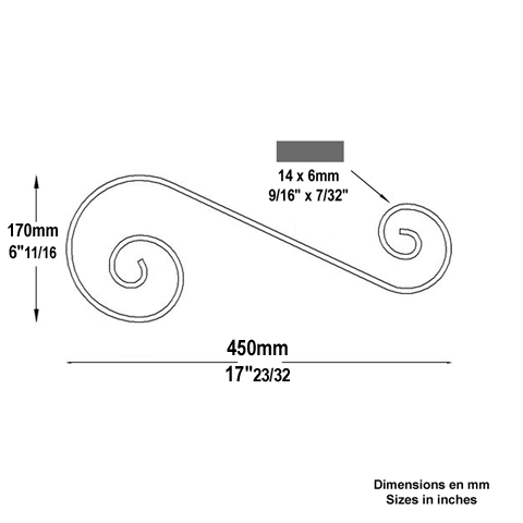 Volute forge en S H450mm 14x6mm Volute extr patte d`oie Volute