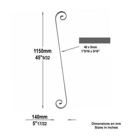 Volute forg en S H1150mm 40x8mm Volute grande section Volute