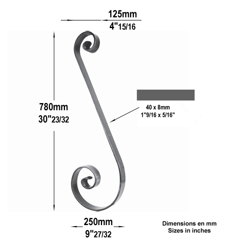 Volute forge en S H780mm 40x8mm Volute grande section Volute