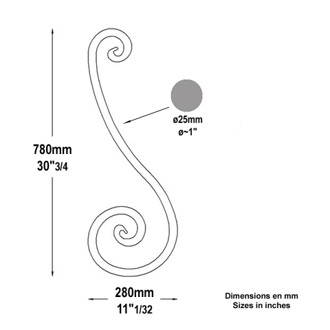 Volute forge en S H780mm 25mm Volute grande section Volute