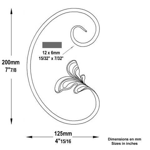 Volute feuille en C H200mm 12x6mm Volute extrmit feuille Volute