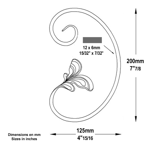 Volute feuille en C H200mm 12x6mm Volute extrmit feuille Volute