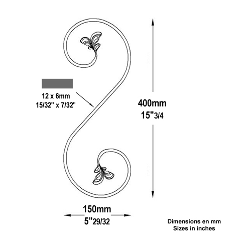 Volute feuille en S H400mm 12x6mm Volute extrmit feuille Volute