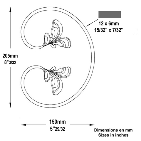 Volute feuille en C H205mm 12x6mm Volute extrmit feuille Volute