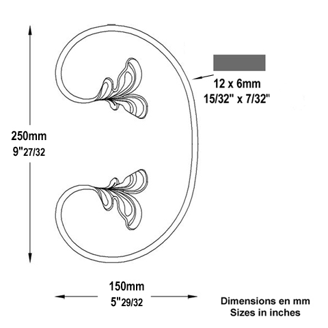 Volute feuille en C H250mm 12x6mm Volute extrmit feuille Volute