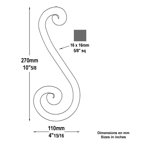 Volute noyaux en S H270mm 16x16mm Volute extrmit noyau Volute