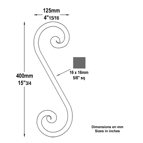 Volute noyaux en S H400mm 16x16mm Volute extrmit noyau Volute